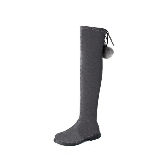 Girls' knee length boots, autumn and winter real rabbit hair balls, children's high boots, medium sized children's single boots, princess elastic boots 