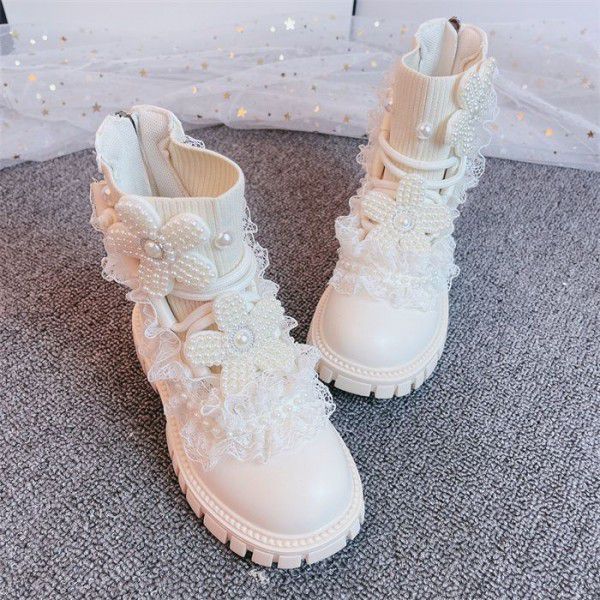 Girls' Martin Boots Spring Autumn Winter Lace Pearl Socks Boots Children's Short Boots Boots 