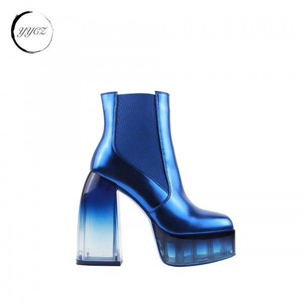 New Gradient Transparent Heel Mirror Lacquer Leather Shoe Top High Water Platform Boots Popular Female 
