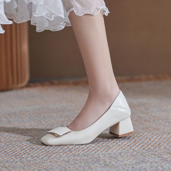 New square toe thick heel genuine leather single shoes for women's OL professional work shoes, high heels, sheepskin shallow mouth women's shoes 