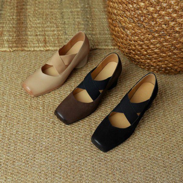Spring and Autumn Korean Cross Elastic Band Ballet Shoes with Thick Heels, Square Head, Deep Mouth Women's Single Shoes, Cowhide, Vintage High Heels 