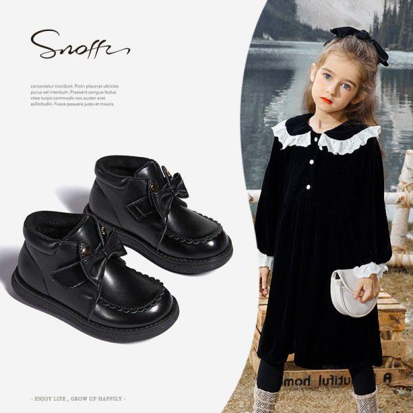 New Girls' Leather Boots Baby Single Boots Princess Genuine Leather Plush Shoes Children's Cotton Boots Girl 