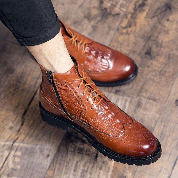 Men's high top leather shoes, British style warm mid top Martin boots, autumn shoes, new Korean casual trendy shoes 