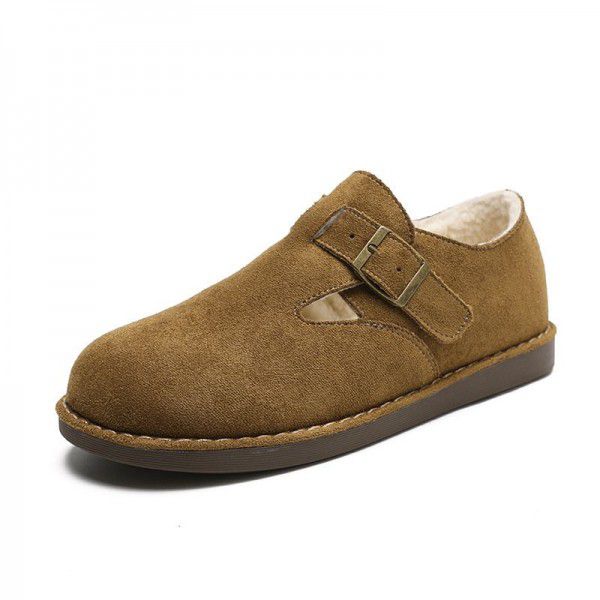 Women's autumn and winter outerwear leather plush casual flat sole single shoes for women's versatile retro soft soled Bucken shoes 