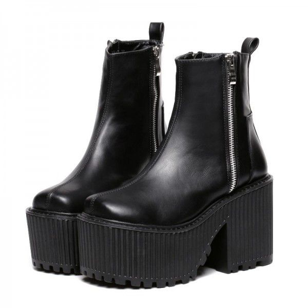 European and American sponge cake shoes, large square toe thick heels, thick soles, short boots, women's original style, high heels, Martin boots, motorcycle boots, short sleeves 
