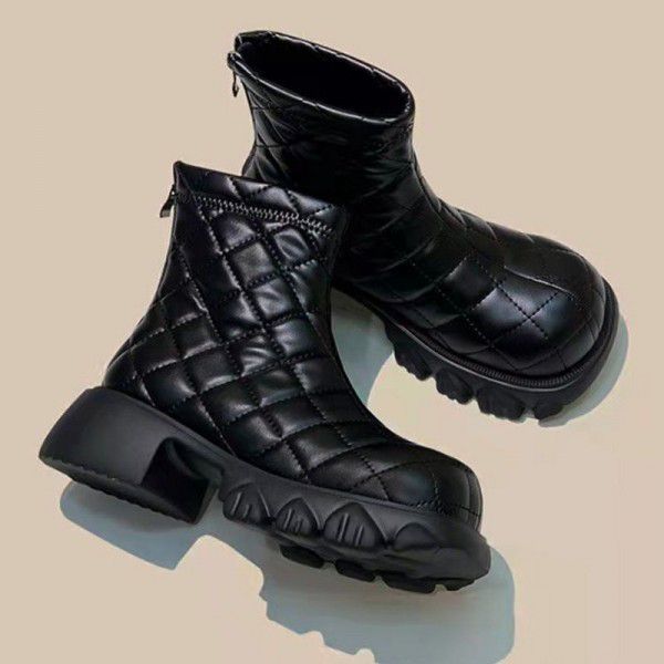 Martin Boots Women's Autumn and Winter New Thick Sole Down Diamonds Cotton Shoes Slim and Thin Smoke Pipe Short Boots 