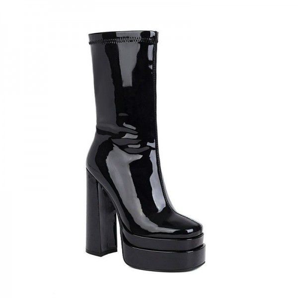New style thick heeled waterproof platform fashion women's boots with patent leather square toe short boots 