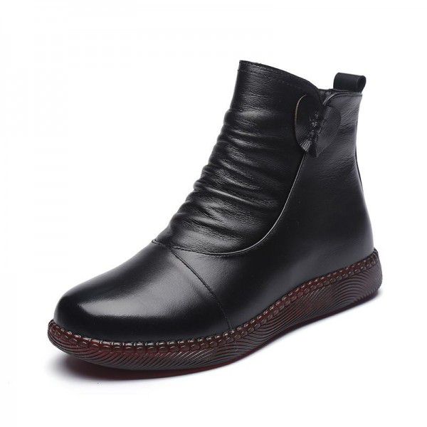 Cotton shoes, genuine leather women's shoes, winter short boots, middle-aged warm, plush, non slip, comfortable mid leather shoes 