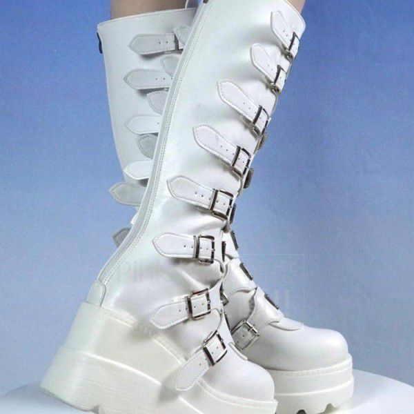 Buckle Thick Sole Boots New Gothic Slope Heel High Barrel Boots Women's Punk Spicy Knight Boots 