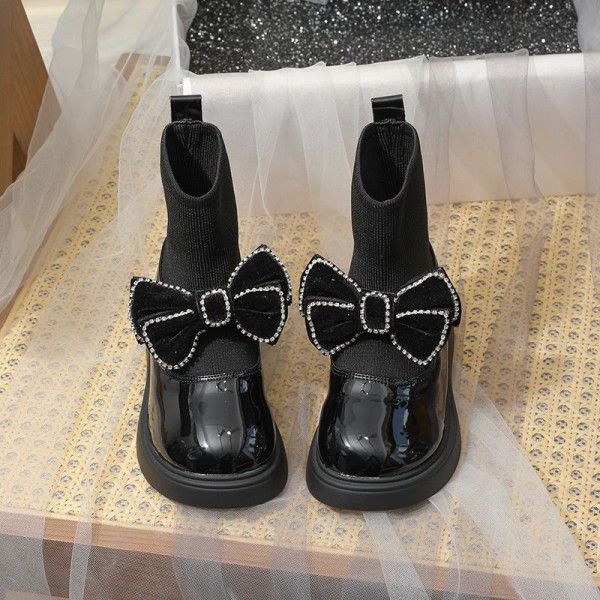 Girls' short boots=new autumn and winter bow knot children's princess single boot soft sole baby socks leather boots 
