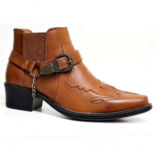 Men's short boots, fashionable and personalized, with belt buckles, thick heels, and pointed tips 