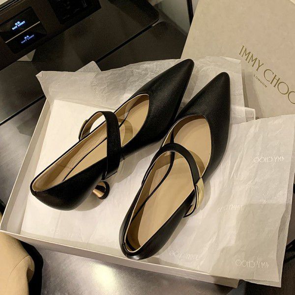 French retro shallow cut single shoe women's middle heel spring new full leather thin heel metal buckle pointed Mary Jane shoes 