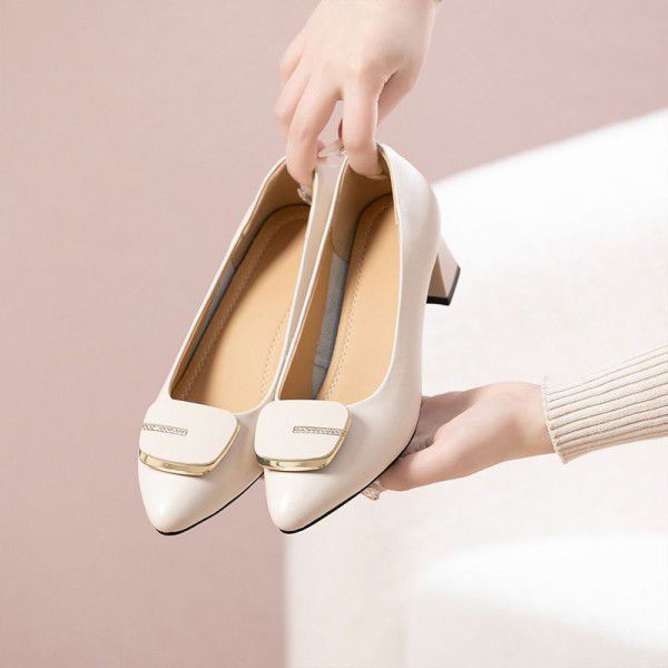 Cowhide Fashion Women's Heels Spring New Genuine Leather Thick Heels Fashion Shallow Mouth Single Shoes 