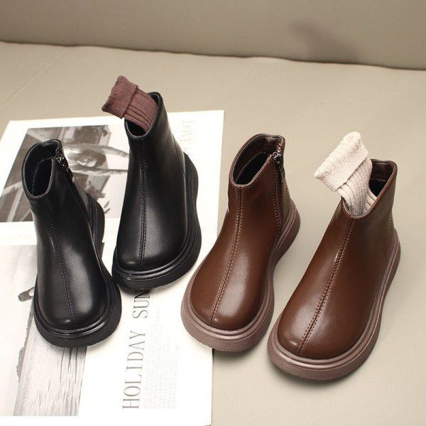 Spring and Autumn New Children's Leather Boots, Girls' Boots, Short Boots, Boys' Martin Boots, Baby Children's Velvet Two Cotton 
