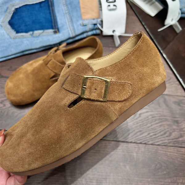 Boken shoes, women's genuine leather, autumn and winter new French lazy person, one foot soft sole, retro outer wear, casual single shoes 