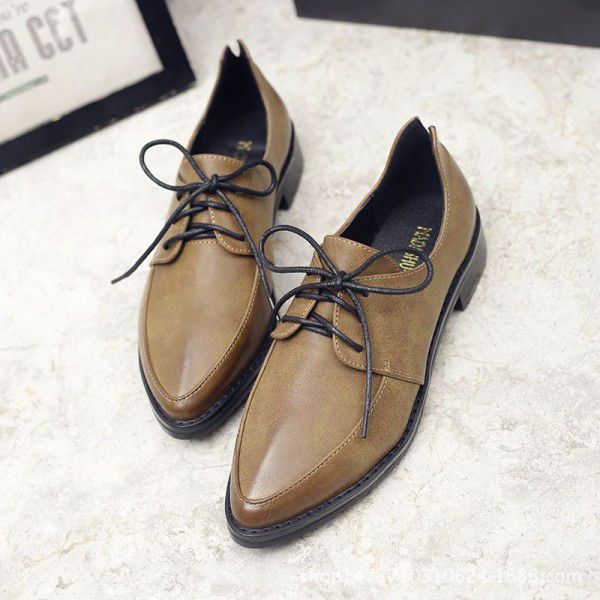 Spring and Autumn Block Women's Shoes British Lace up Pointed Retro College Style Low Heel Small Leather Shoes Single Shoe Girl 