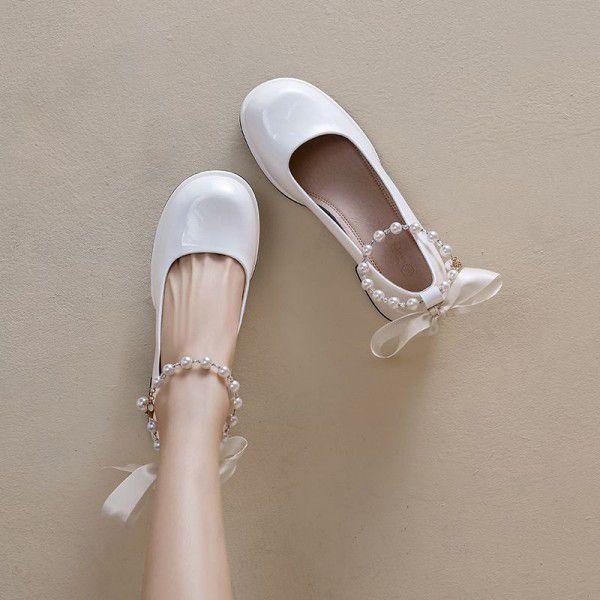 French round toe straight line high heels, thick h...