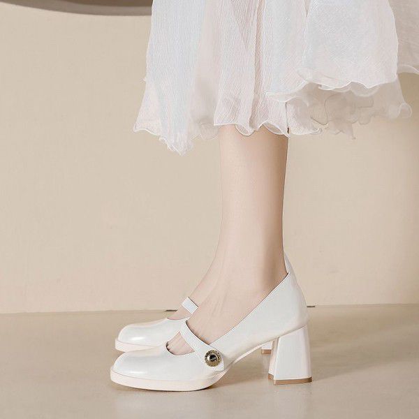 Spring and Summer New Square Head Vintage Mary Jane Shoes French Fairy Style Thick Heel Shoes Women's One Line High Heels 