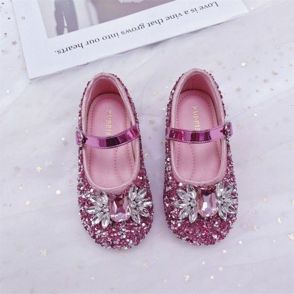 Girls' Crystal Shoes Spring New Aisha Princess Shoes Shiny Baby Little Leather Shoes Fashionable Soft Sole Single Shoes 