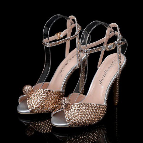 Autumn New Fish Mouth High Heels Slim Heels Shallow Mouth Water Diamond Pearl Women's Single Shoes Wedding Dress Bridal Wedding Shoes 