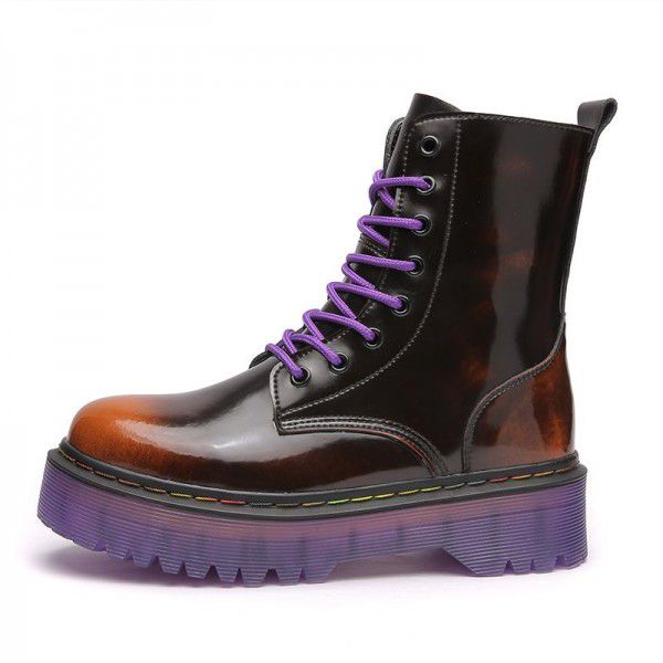 Top layer cowhide Martin boots for women with soft top lace up and matte color retro genuine leather thick sole muffin height shoes 