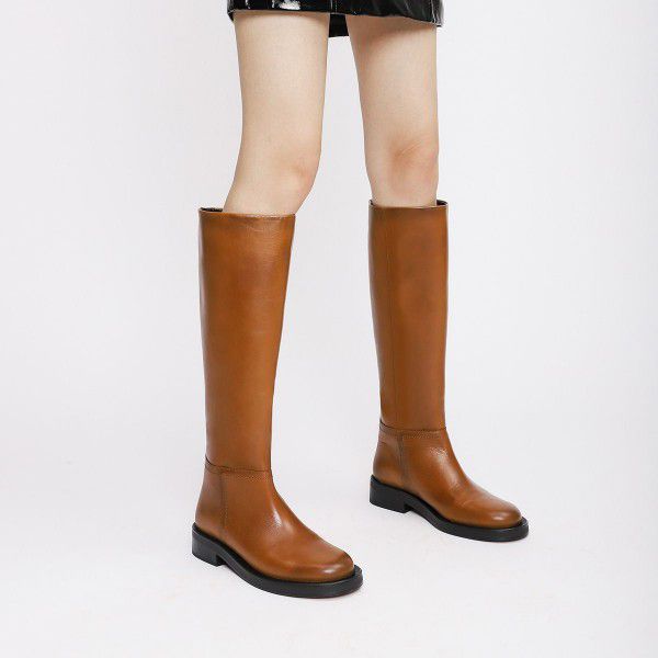 Women's brown English style flat cut retro slim round head high tube flat bottom skinny knight boots 