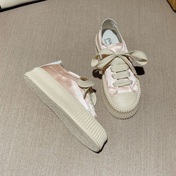 Little White Shoes Women's Thick Sole Casual Elevated Biscuit Shoes Lace up Canvas Single Shoes 