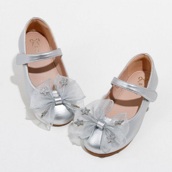 Girls' Bowknot Spring New Single Shoe Soft Sole Middle Big Children's Princess Shoes Velcro Children's Shoes 