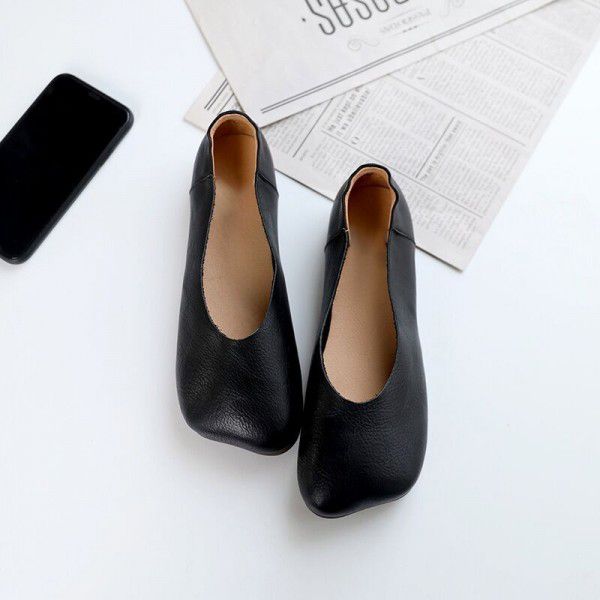 Cowhide square toe soft sole flat heel retro casual women's single shoe genuine leather women's shoes new spring and summer styles 