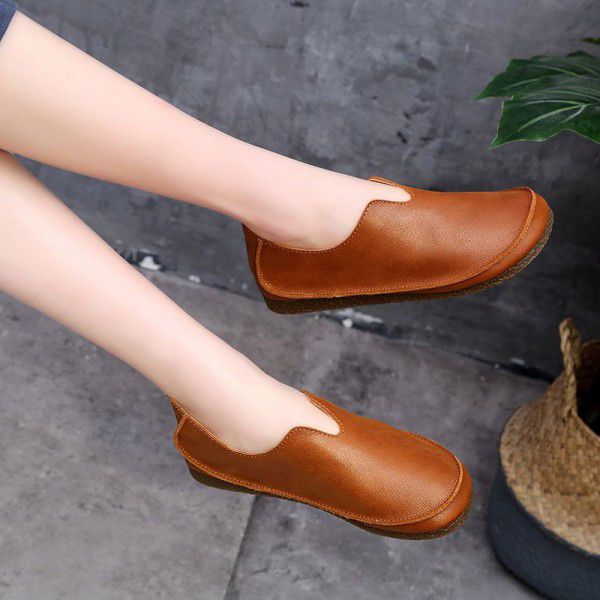 Original handmade shoes for women with genuine leather flat bottomed top layer cowhide, artistic Fansen women with soft soles and round heads, retro single shoes for women 8023 