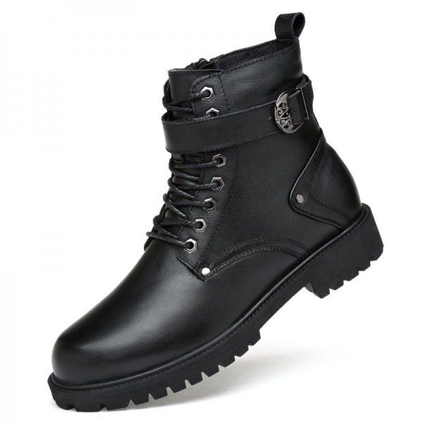 Winter plush insulation cotton boots with cowhide top layer for men's boots Martin boots, high top casual short boots 