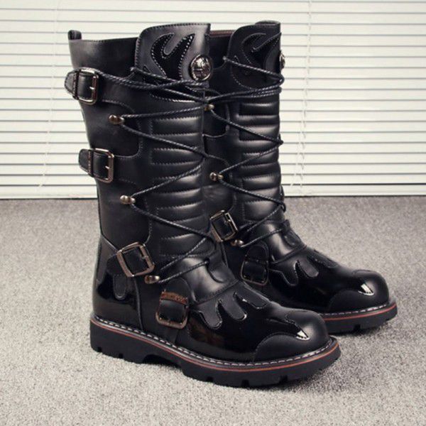 Korean version thick soled men's high tube big head leather boots totem fashion boots long tube shoes work clothes 