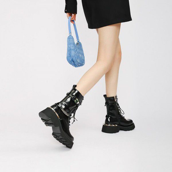Genuine leather short boots for women with thick soles, new Martin boots with round head tie up mesh, red tide leather boots, metal side zipper 