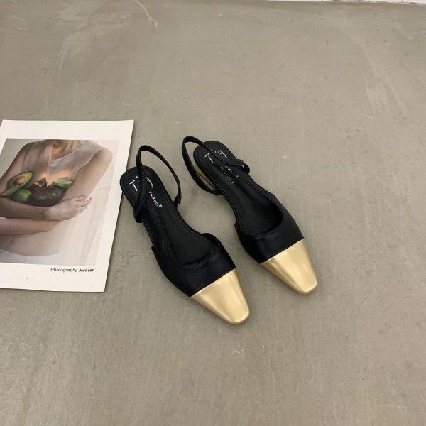 French low heeled small fragrant style baotou sandals for women's shoes, new spring and summer gold square toe 