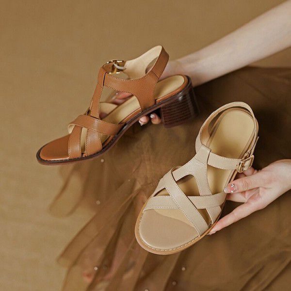 Spring/Summer Roman Style Retro Belt Buckle Thick Heel Women's Sandals Casual Full Leather Commuter Mid High Heels 
