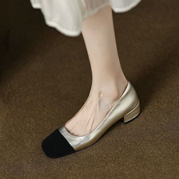 Commuter black apricot classic color matching square toe flat sole single shoe cow leather flat sole women's single shoe new spring and autumn styles 