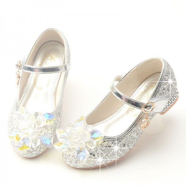 Children's high heels, spring and autumn seasons, little girls' shallow mouth single shoes, princess high heels, crystal shoes, girls' leather shoes 