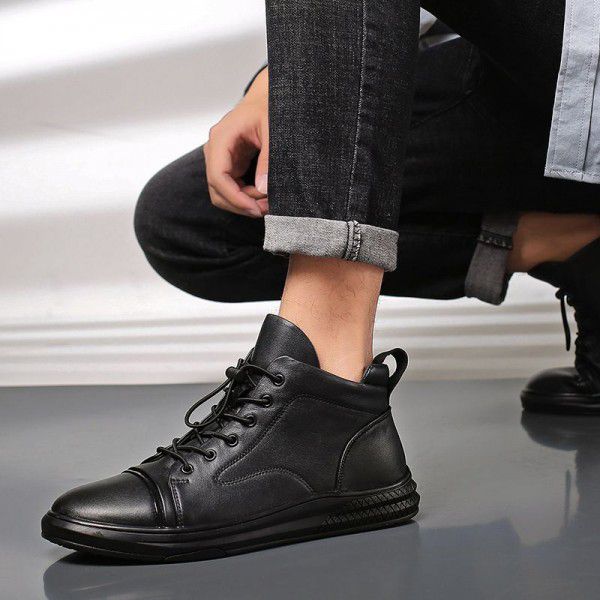 Autumn and winter high top plush insulated leather boots, large size 47, high top genuine leather men's short boots 