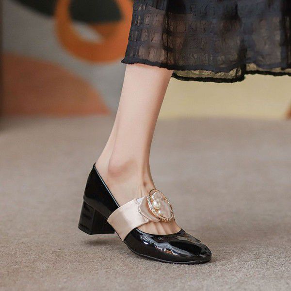 French Vintage High Heels Women's Spring New Mary Jane Shoes Middle Heels Women's Thick Heels Qipao Shoes 