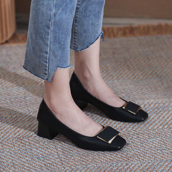 New square toe thick heel genuine leather single shoes for women's OL professional work shoes, high heels, sheepskin shallow mouth women's shoes 