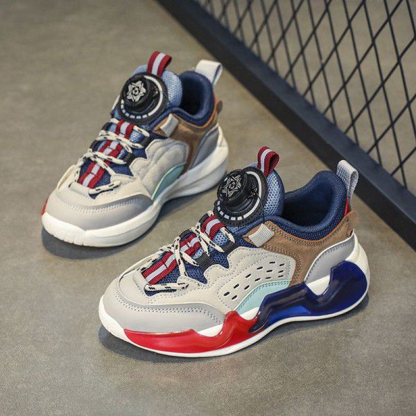 Spring New Men's Mid size Big Boys' Colored Leather Face Breathable and Comfortable Lightweight Rotating Button Cold Sticky Children's Sports Shoe 