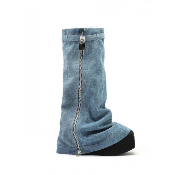 Thick soled Cowboy boot skirt shark round head women's boots large size long tube belt buckle wedge heels women's shoes 