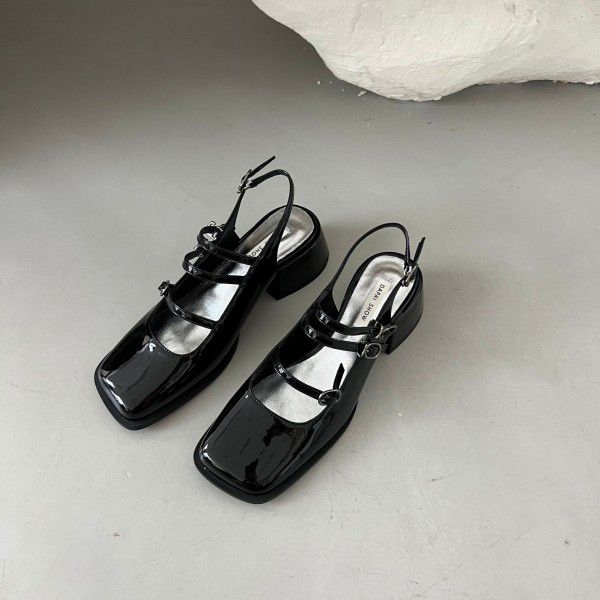 Thick Heel Baotou Mary Jane Shallow Mouth Single Shoes Women's High Heels Square Toe Strap Summer Sandals 