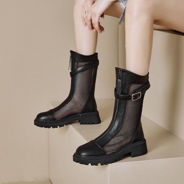 Boots Children Summer New Women's Shoes Hollow Breathable Mesh Boots Front Zipper Cool Boots Popular Mid Sleeve Martin Boots 