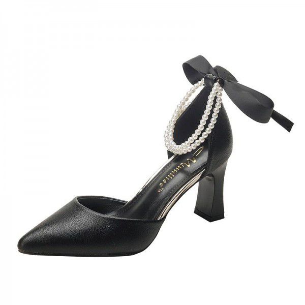 New Versatile High Heels Women's Thick Heels Hollow Black Professional Pointed Button Women's Shoes French Single Shoes 