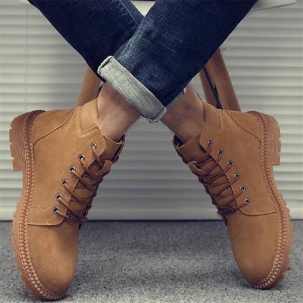 Men's retro style medium top British style work attire boots, cow suede high top, autumn and winter plush 