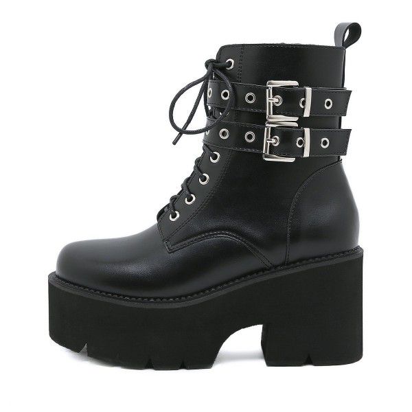 Autumn Thick Heel Waterproof Platform Martin Boots Metal Belt Buckle 