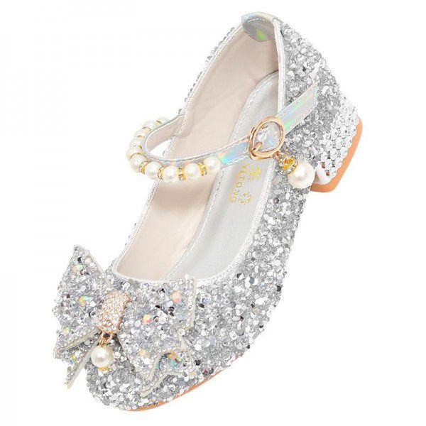 Girls' leather shoes, high heels, children's crystal single shoes, girls' silver dresses, big children's princess shoes 