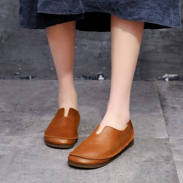 Original handmade shoes for women with genuine leather flat bottomed top layer cowhide, artistic Fansen women with soft soles and round heads, retro single shoes for women 8023 