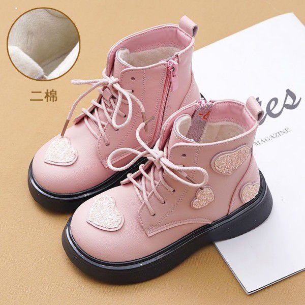 Girls' Martin boots, short boots, soft sole single boots, plush British style princess boots, cotton boots, autumn and winter children's shoes 